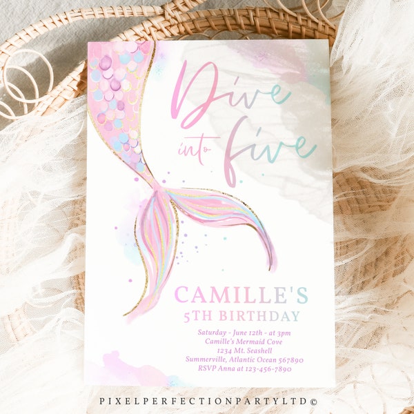 Editable Mermaid Dive Into Five 5th Birthday Invitation Purple Pink Gold Whimsical Mermaid Under The Sea 5th Birthday Instant Download ZX