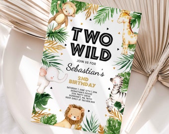 Two Wild Birthday Invitation Jungle Safari Animals Invitation Gold Safari Two Wild 2nd Birthday Party Instant Download Editable PDF File 25