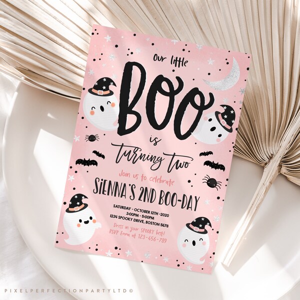 Editable Our Little Boo Birthday Invitation Little Boo turning Two Halloween Peach Ghost Birthday Cute Ghost Party Instant Download SG