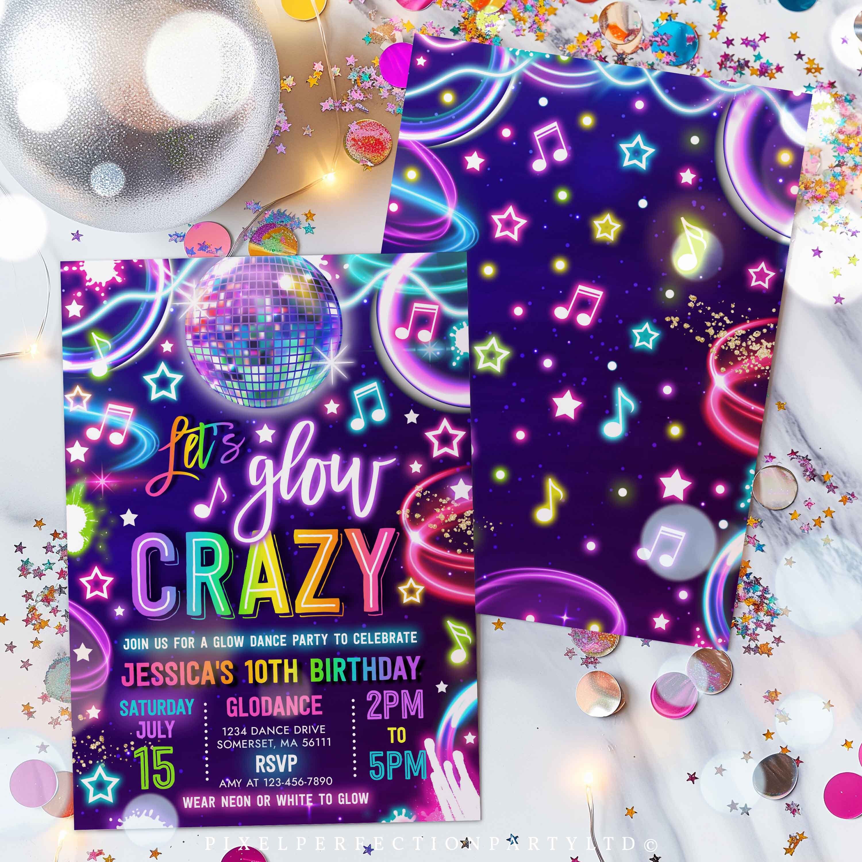 Editable Glow Disco Party Invitation Neon Glow Dance Party Invitation ...