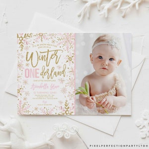 Editable WINTER ONEderland Invitation Pink And Gold Snowflakes Winter ONEderland Invitation Winter 1st Birthday Party Instant Download DE