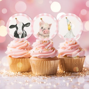Animales de granja fiesta de cumpleaños Cupcake Toppers chica rosa granja corral animales fiesta de cumpleaños animales decoración de cumpleaños descarga instantánea HYS