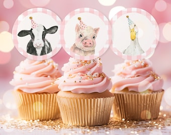 Farm Animals Birthday Party Cupcake Toppers Pink Girl Farm Barnyard Animals Birthday Party Animals Birthday Decoration Instant Download HYS