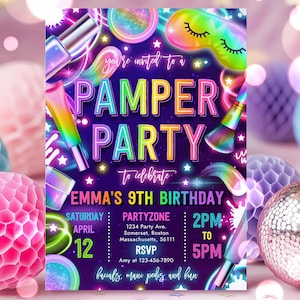 Editable Pamper Party Birthday Invitation Neon Glow Pamper Spa Party Invitation Glitz and Glam Makeup Neon Glow Party Instant Download TR1