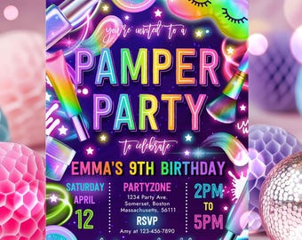 May include: A colorful invitation for a pamper party to celebrate Emma's 9th birthday. The invitation features a neon purple background with rainbow-colored text and images of makeup and beauty products. The text reads "You're invited to a Pamper Party to celebrate Emma's 9th Birthday." The invitation also includes the date, time, and location of the party.