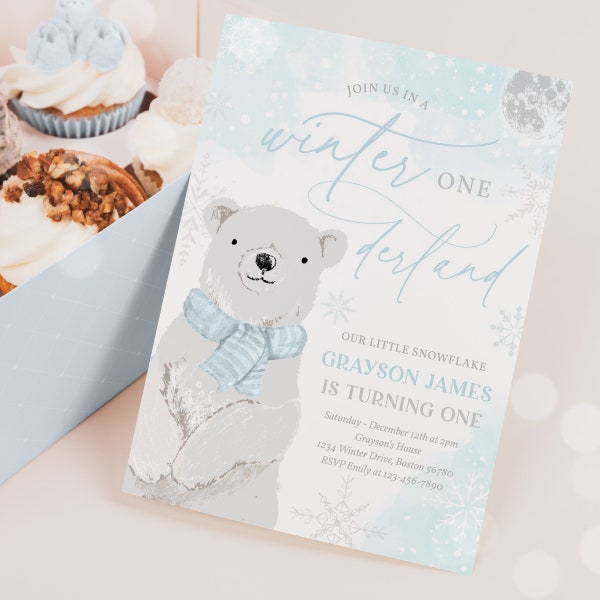 Editable WINTER ONEderland Invitation Blue Polar Bear Winter 1st Birthday Party  Watercolor Snowflake Birthday Party Instant Download HY7