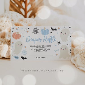Editable Little Boo Baby Shower Diaper Raffle Ticket Halloween Boy Ghost Baby Shower A Little Boo Is Almost Due Shower Instant Download VY