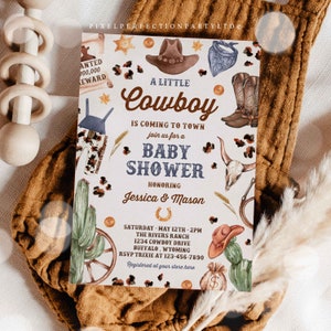 May include: A watercolor baby shower invitation with a cowboy theme. The invitation features a cowboy hat, boots, a bandana, a cactus, and a horseshoe. The text on the invitation reads "A Little Cowboy is Coming to Town" and includes the date, time, and location of the event.