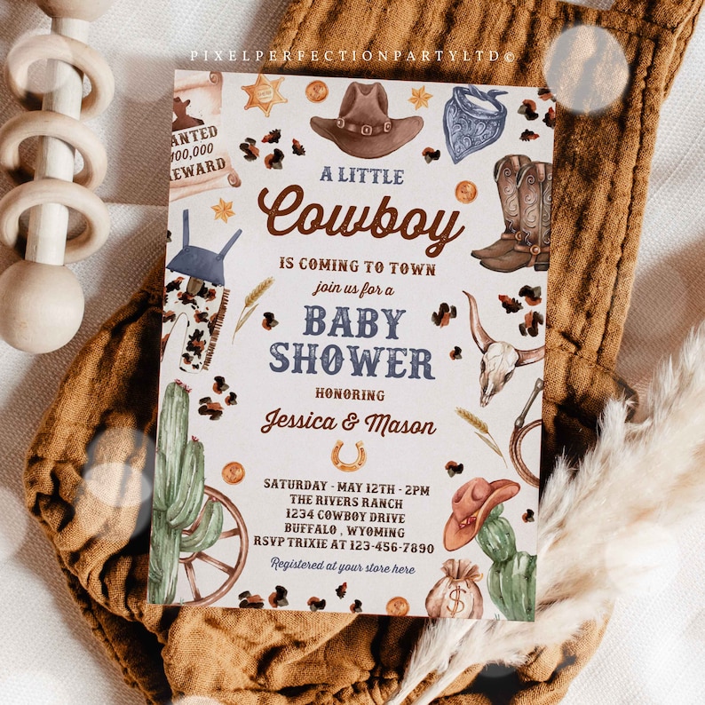May include: A watercolor baby shower invitation with a cowboy theme. The invitation features a cowboy hat, boots, a bandana, a cactus, and a horseshoe. The text on the invitation reads "A Little Cowboy is Coming to Town" and includes the date, time, and location of the event.