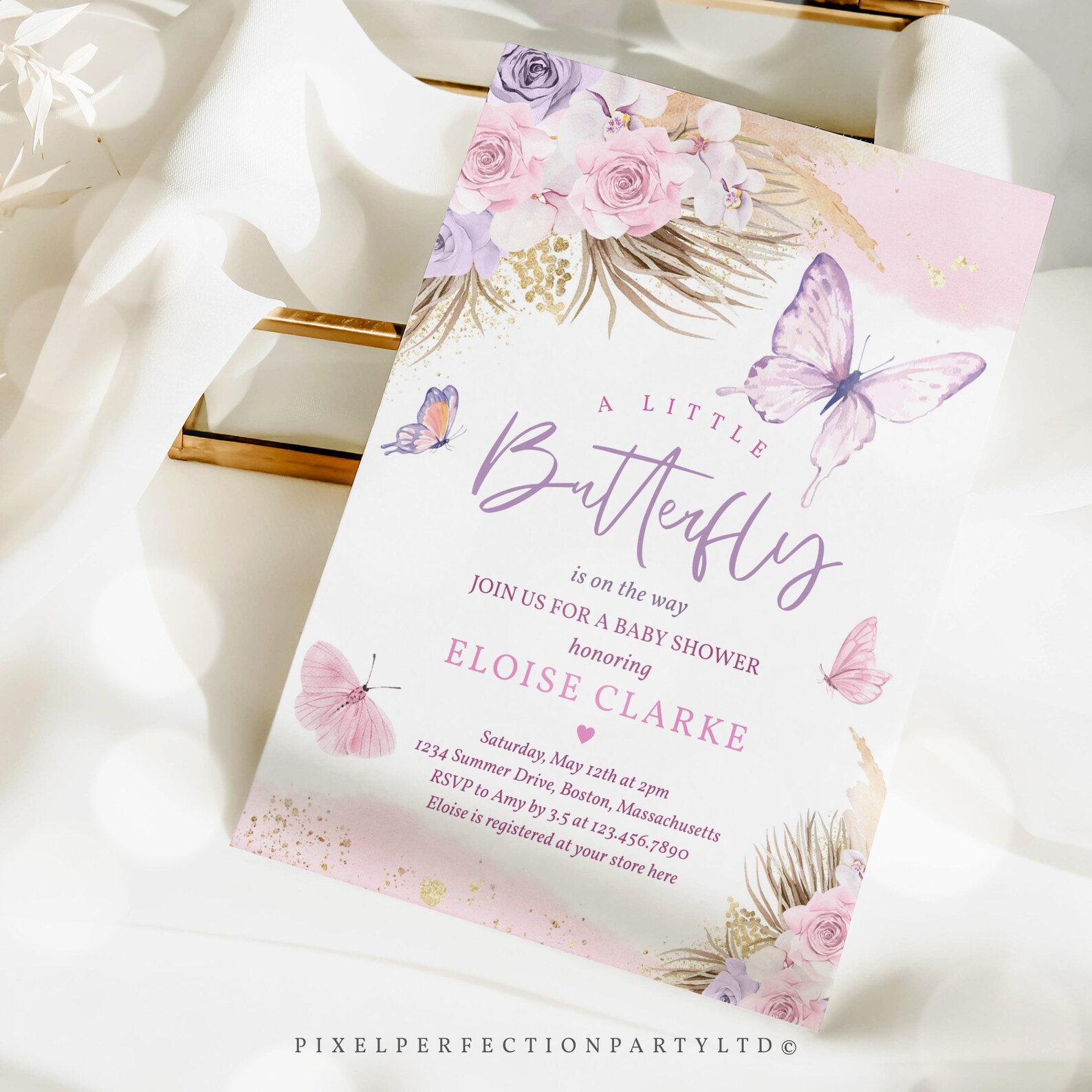 Editable Boho Butterfly Baby Shower Invitation Bohemian Pampas Grass ...