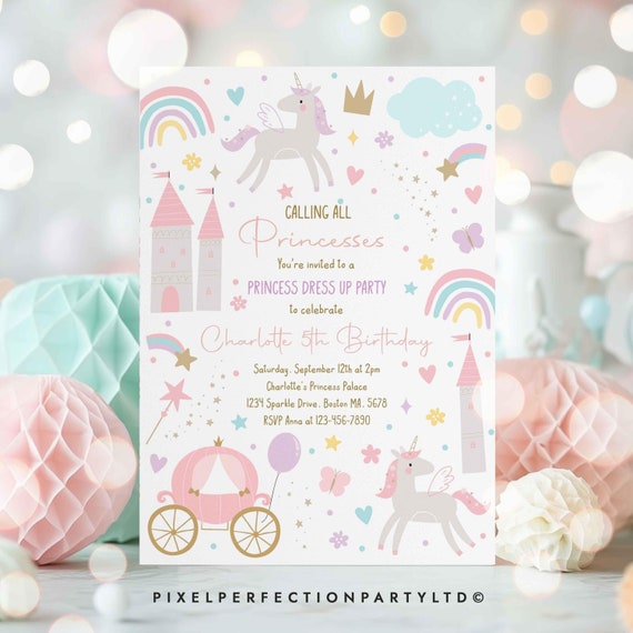 Editable Princess Birthday Party Invitation Magical Princess Dress Up Birthday Pink And Gold Whimsical Fairytale Party Instant Download T5U
