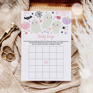 Editable Little Boo Baby Shower Baby Bingo Game Halloween Pink Ghost Girl Shower Halloween Shower Instant Download V3