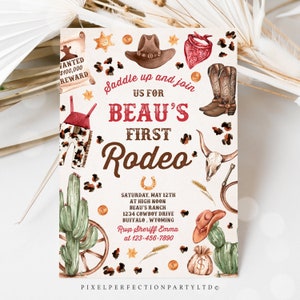 Editable Cowboy Birthday Party Invitation Wild West Cowboy 1st Rodeo Birthday Party Southwestern Ranch Birthday Party Instant Download QC