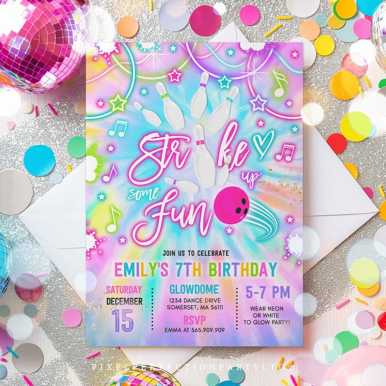 Editable Bowling Invitation Tie Dye Bowling Birthday Party Invite Glow Bowling Party Neon Glow Tie Dye Bowling Party Instant Download OO image 1