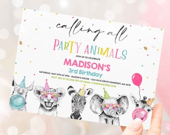 Editable Party Animals Birthday Invitation Safari Animals Birthday Invite Pink & Mint Safari Monochrome Safari Party Instant Download PS