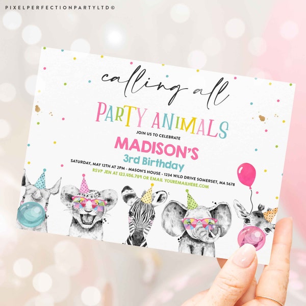 Editable Party Animals Birthday Invitation Safari Animals Birthday Invite Pink & Mint Safari Monochrome Safari Party Instant Download PS