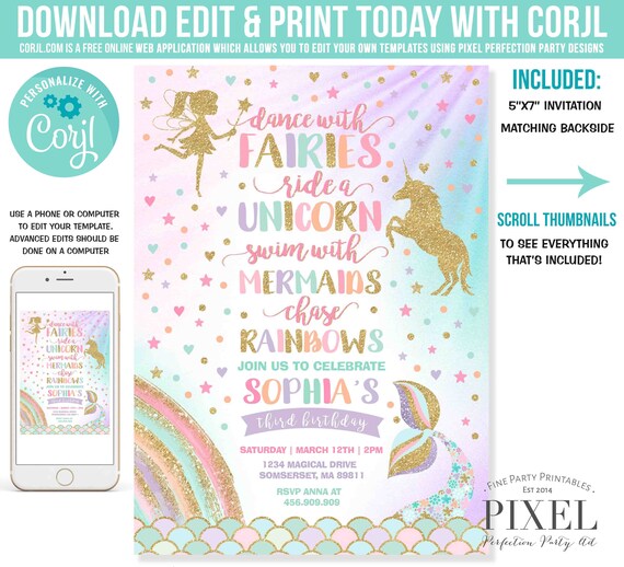 Unicorn Mermaid Fairy Invitation Magical Party Dance With Fairies Ride A Unicorn Swim With Mermaids Chase Rainbows Instant Download File 8F Il_570xn