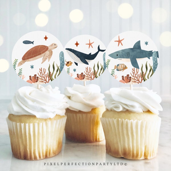 Under the Sea Birthday Party Cupcake Toppers Whale Turtle Shark Jellyfish Sea Life Birthday Party Cake Toppers Decor Instant Download J9