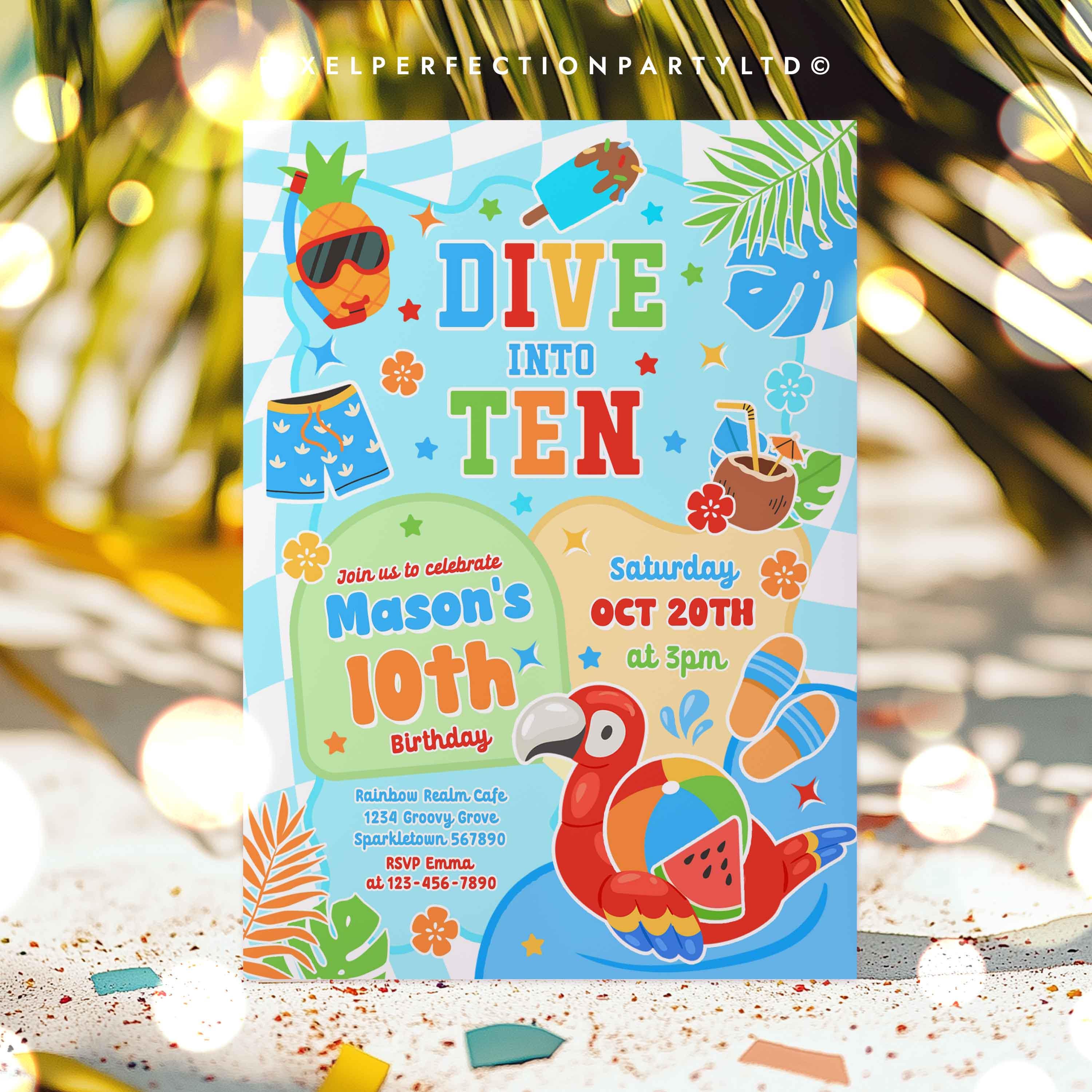 Editable Tropical Splish Splash 10th Birthday Pool Party Invitation ...