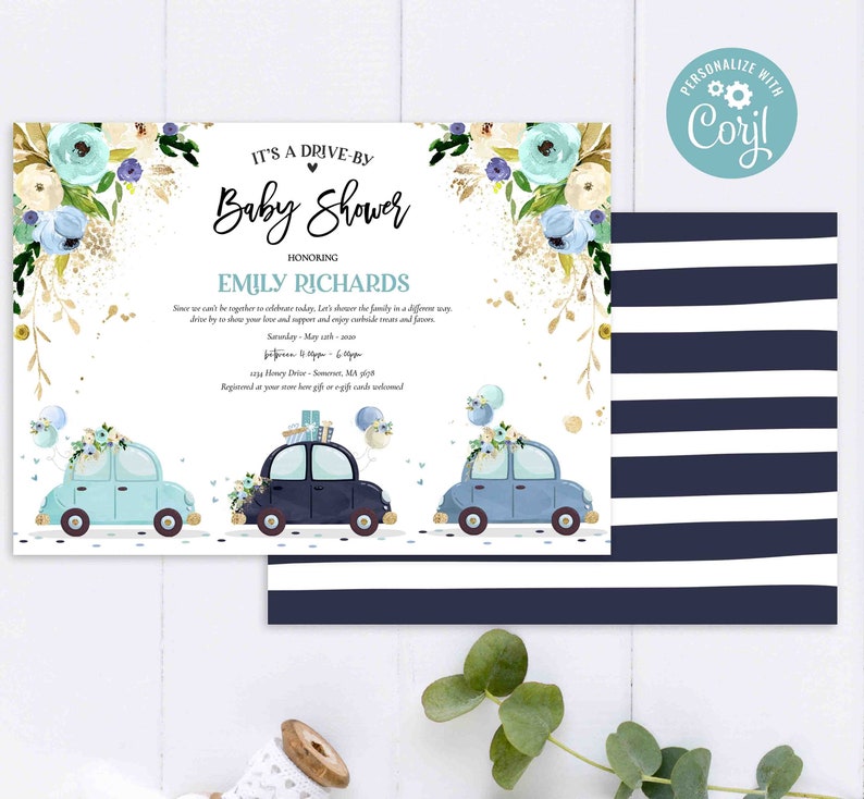 Editable Drive by Baby Shower Parade Invitation Blue Floral Etsy