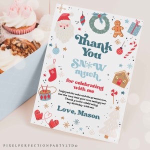 Editable Christmas Birthday Party Thank You Card Oh What Fun Christmas Birthday Party Red & Blue Boy Christmas Party Instant Download HHJ