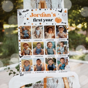 Editable Cute Halloween Ghost First Year Photo Poster Milestone 1st Year Photo Collage Spooky One 1st Birthday Banner Instant Download G8