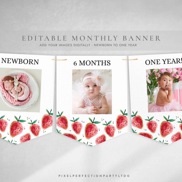 Editable Strawberry Monthly Banner Strawberry Berry First Birthday Party Photo Banner Berry Sweet Birthday Party Decor Instant Download VC