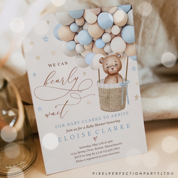 Editable Teddy Bear Hot Air Balloon Baby Shower Invitation Boy Etsy Canada