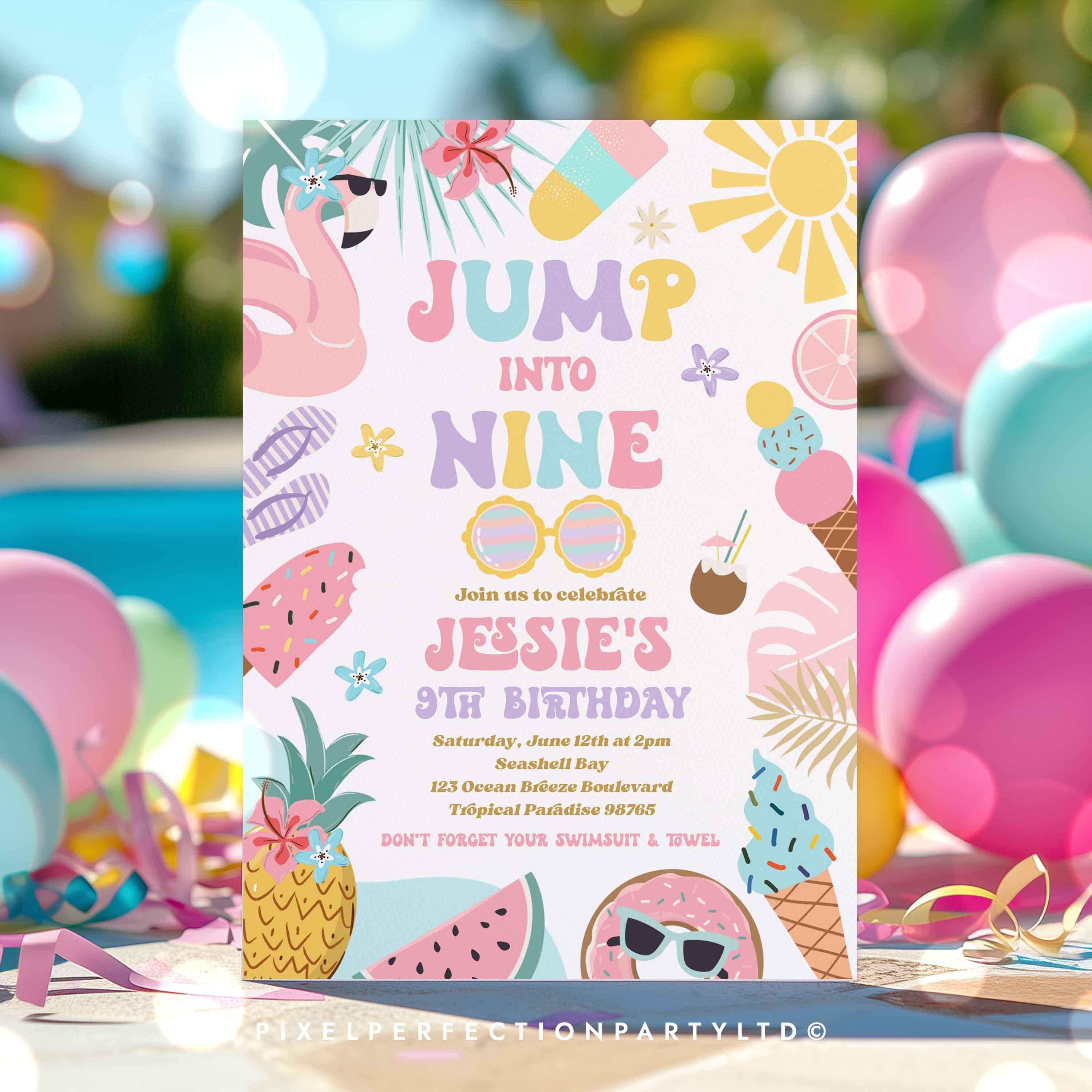 Editable Jump Into Nine 9th Birthday Party Invitation Tropical
