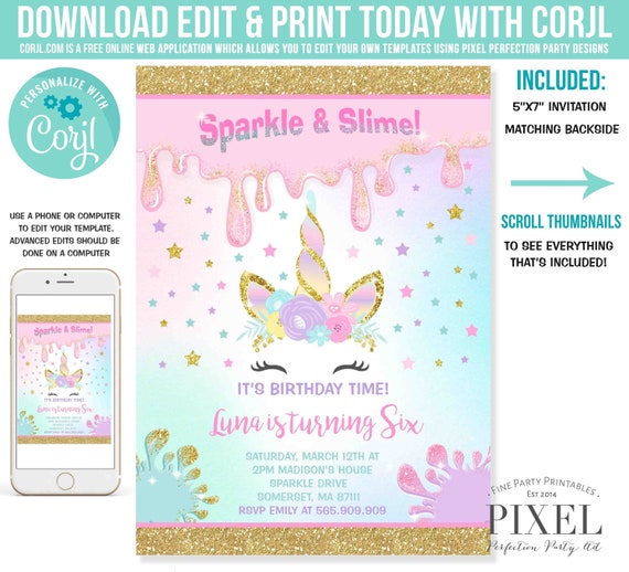 Unicorn Slime Birthday Invitation Magical Unicorn Sparkle & Slime Birthday Invitation Unicorn Slime Party Instant Editable File Corjl 5T Il_570xn