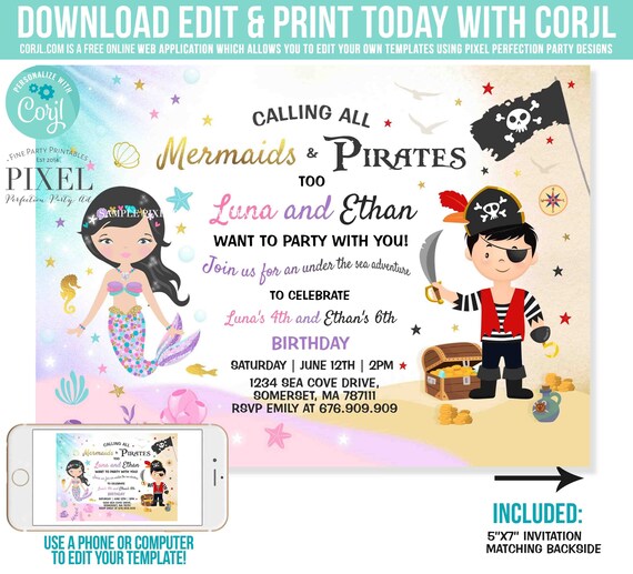 Mermaid And Pirate Birthday Invitation Sibling Mermaid & Pirate Invite Sibling Mermaid Pirate Party Instant Download Editable File 7O Il_570xn