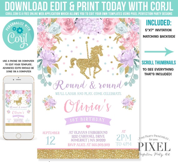 Carousel Birthday Invitation Carousel Party Invitation Floral Pink Mint Lilac Gold Carousel Birthday Party Instant Download Editable File M7 Il_570xn