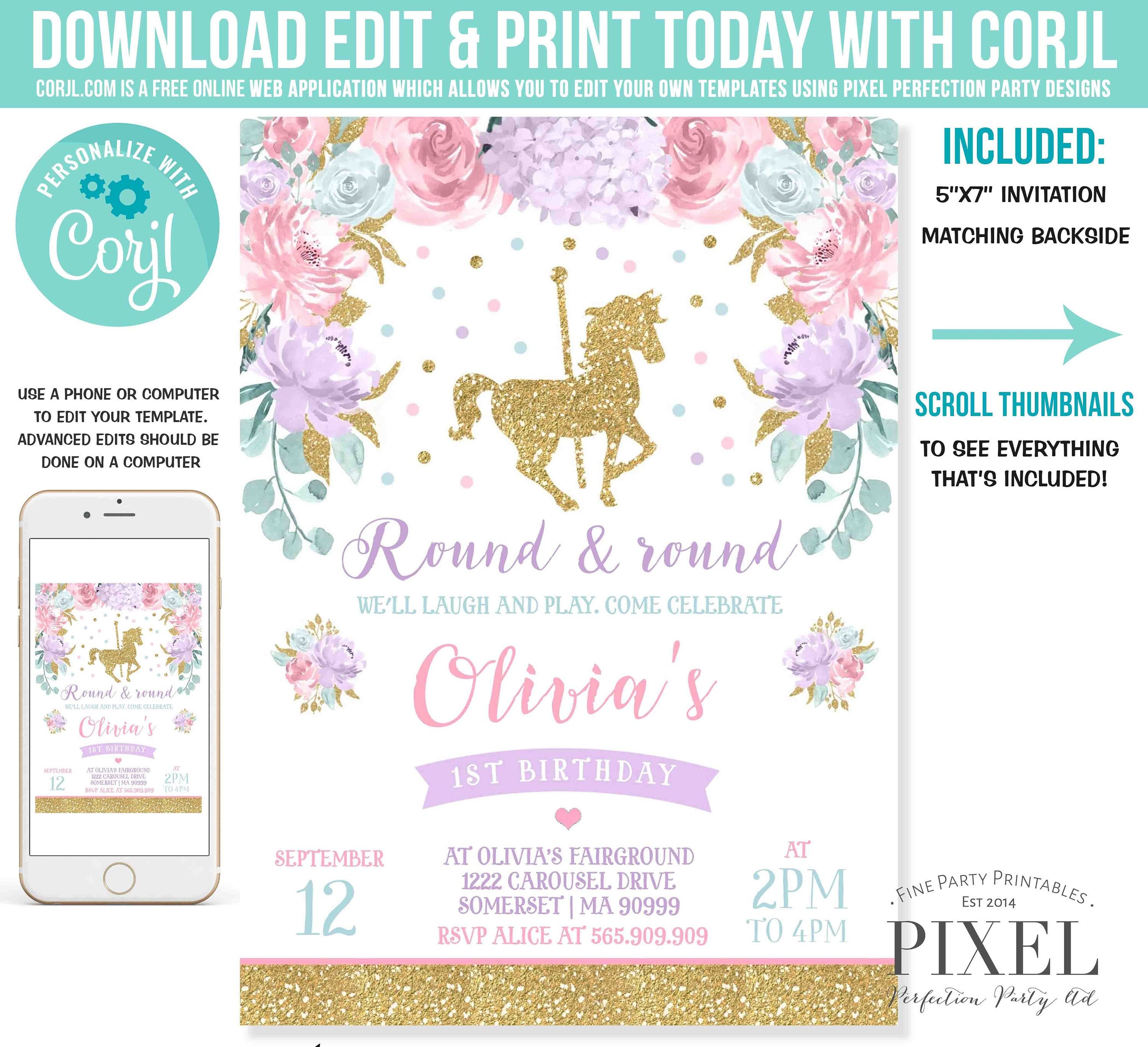 Carousel Birthday Invitation Carousel Party Invitation Floral Etsy
