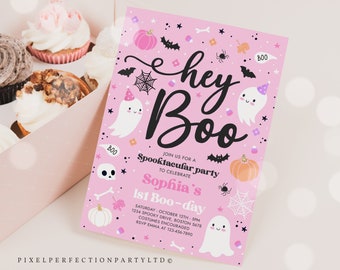 Editable Halloween Pink Ghost Birthday Invitation Hey Boo Girly Cute Ghost Birthday Party Spooktacular Halloween Party Instant Download F4