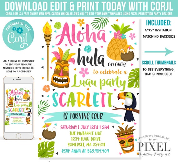 Luau Birthday Invitation Luau Party Invitation Hawaiian Luau Invitation Pineapple Hawaiian Luau Pool Party Instant Editable File Corjl X5 Il_570xn