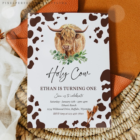 Editable Holy Cow I m One Birthday Party Invitation Highland Cow editable-holy-cow-i-m-one-birthday-party-invitation-highland-cow