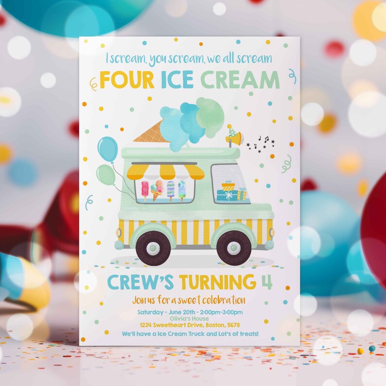 Editable Ice Cream Truck Birthday Invitation I scream You Scream We All Scream Four Ice Cream 4th Birthday Party Invite Instant Download XJ Bild 4