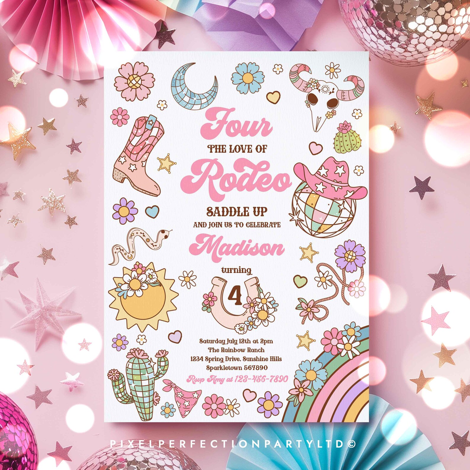 Editable Four the Love of Rodeo Cowgirl 4th Birthday Invitation Pink ...