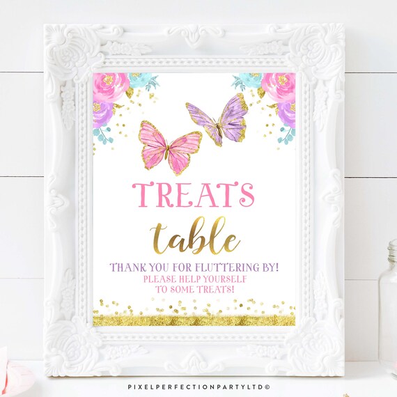 Butterfly Baby Shower Treat Table Sign Pink and Gold Floral Butterfly Baby Shower Table Sign