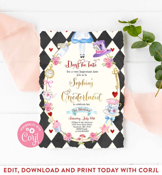 Alice in ONEderland Birthday Invitation Alice In Onederland 1st Birthday Invitation Alice In ONEderland Instant Download Editable 8Z Il_570xn