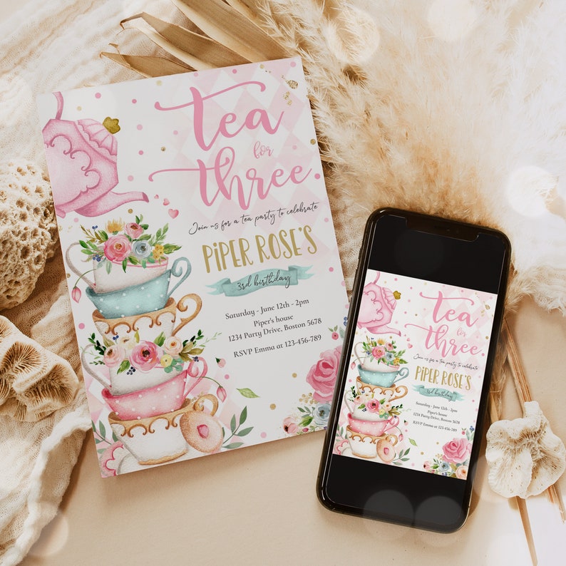 Editable Tea For Three Birthday Invitation Tea For Three 3rd Birthday Party Pink Gold Floral Whimsical Tea Party Instant Download TR image 3