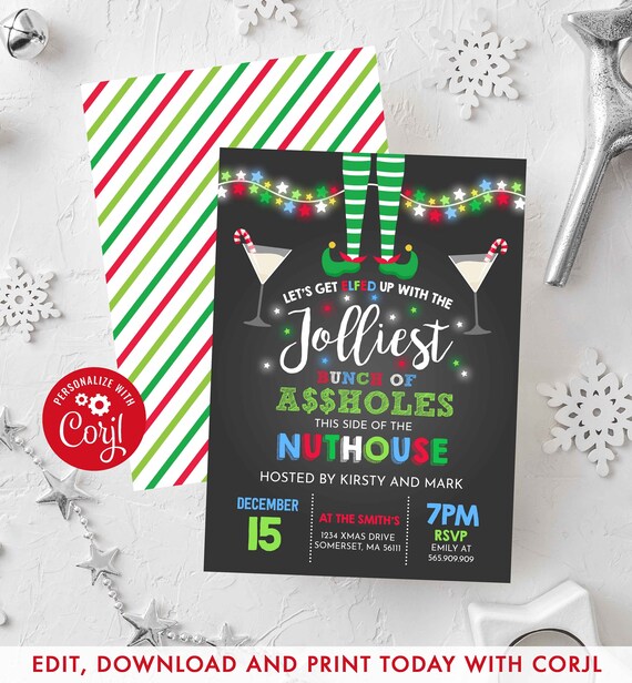 Christmas Vacation Holiday Party Invitation Jolliest Bunch Of A**holes This Side Of The Nuthouse Elfed Up Ugly Sweater Editable Corjl I7 Il_570xn