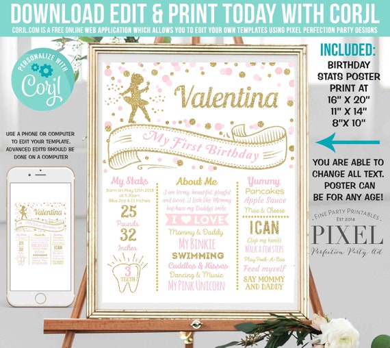 Ballerina Birthday Poster Ballerina Milestone Birthday Poster Pink and Gold Ballerina Birthday Party Instant Editable File Corjl R5 Il_570xn