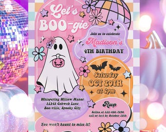 May include: A Halloween party invitation with a cartoon ghost holding a pumpkin, decorated with stars and flowers. The text says "Let's BOO-gie" and announces Madison's 4th birthday on October 20th at 2 pm. Includes address and RSVP details.