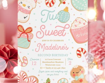 Editable Two Sweet Christmas Cookie Birthday Party Invitation Holiday Cookie 2nd Birthday Two Sweet Christmas Party Instant Download S3E