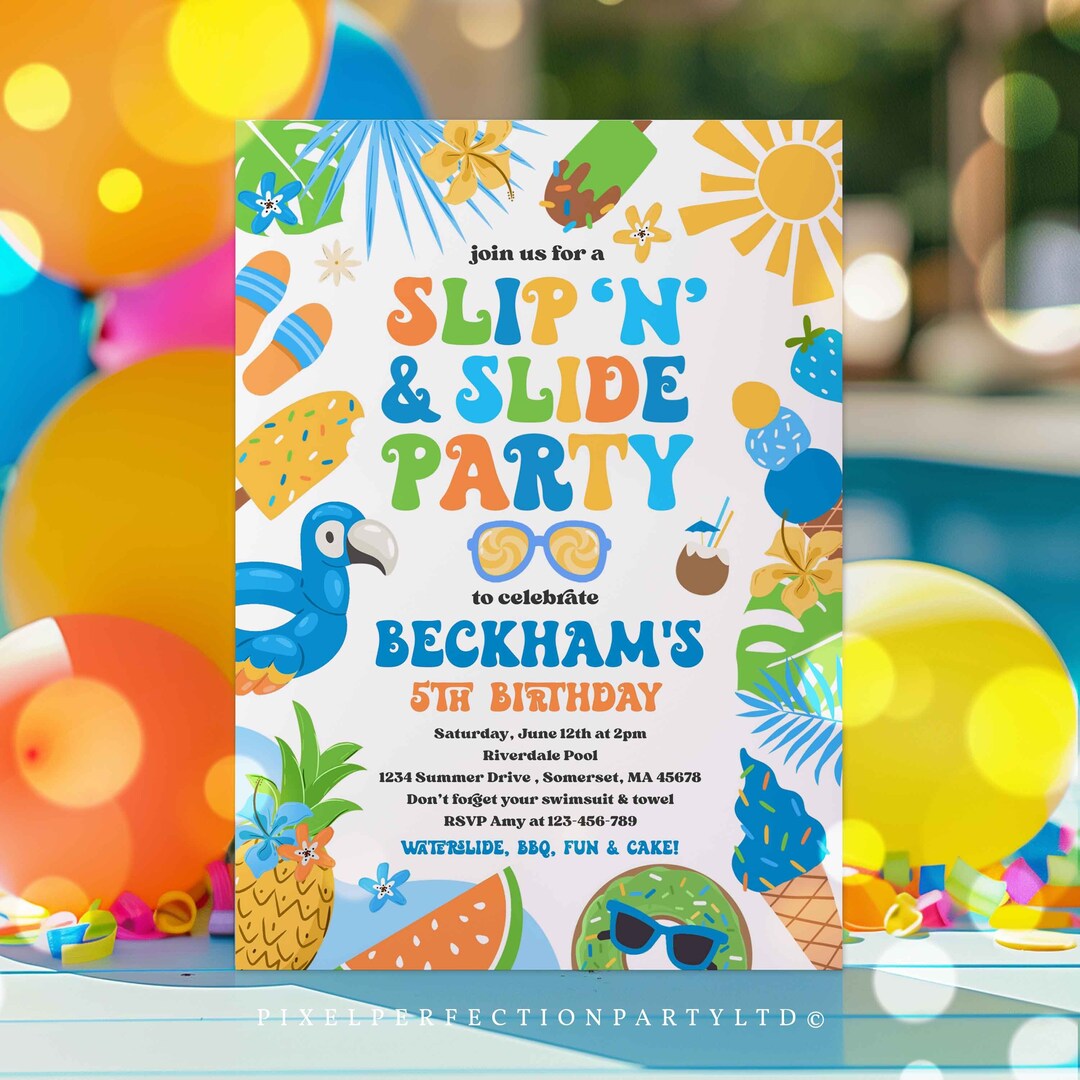 Editable Slip N Slide Birthday Party Invitation Tropical Splish Splash