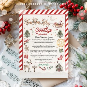 May include: A Christmas-themed card with a red and white border. The card features illustrations of Santa's sleigh, reindeer, Christmas trees, and a house. Text includes "Goodbye for now" and a personalized message.