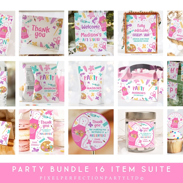 Editable Art Birthday Party Invitation And Bundle Rainbow Art Birthday Party Package Craft Party Kit Decorations Instant Download 9O