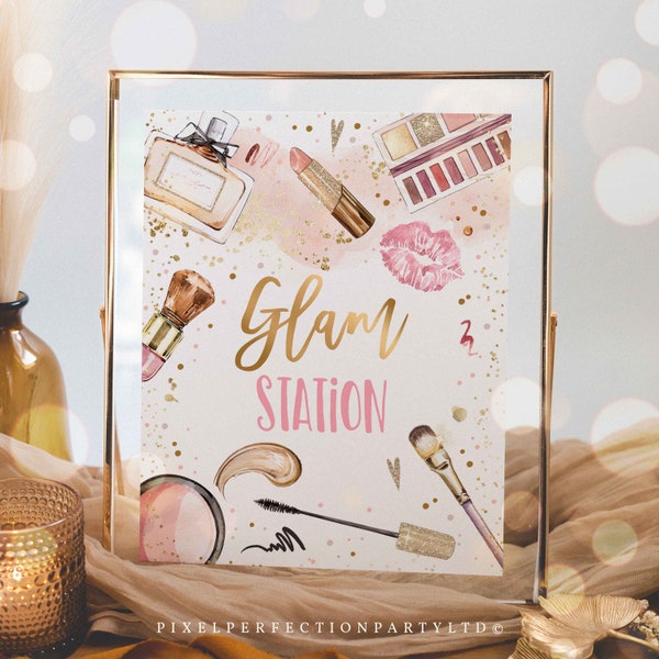 Spa Makeup Party Glam Station Table Party Sign Glitz And Glam Birthday Party Pink And Gold Girly Glamour Party Decor Instant Download KE
