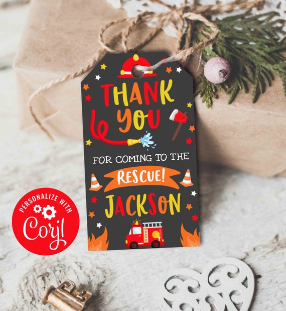 Firetruck Favor Tag Firetruck Birthday Gift Tag Firefighter Fire Birthday Tag Fireman Birthday Thank You Tag Instant Editable Corjl File X4 Il_570xn